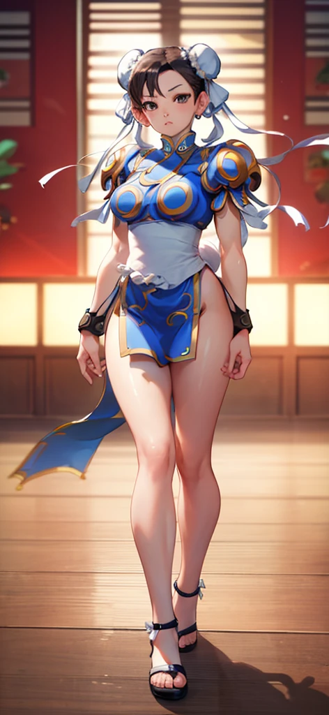 (Chun-Li:1.4),((masterpiece)), ((best quality)), ((ultra detailed)), ((kawaii)), cute, (lovely), ((extremely detailed)), ((8K)), (beautiful), full body,solo, standing,tiny breast