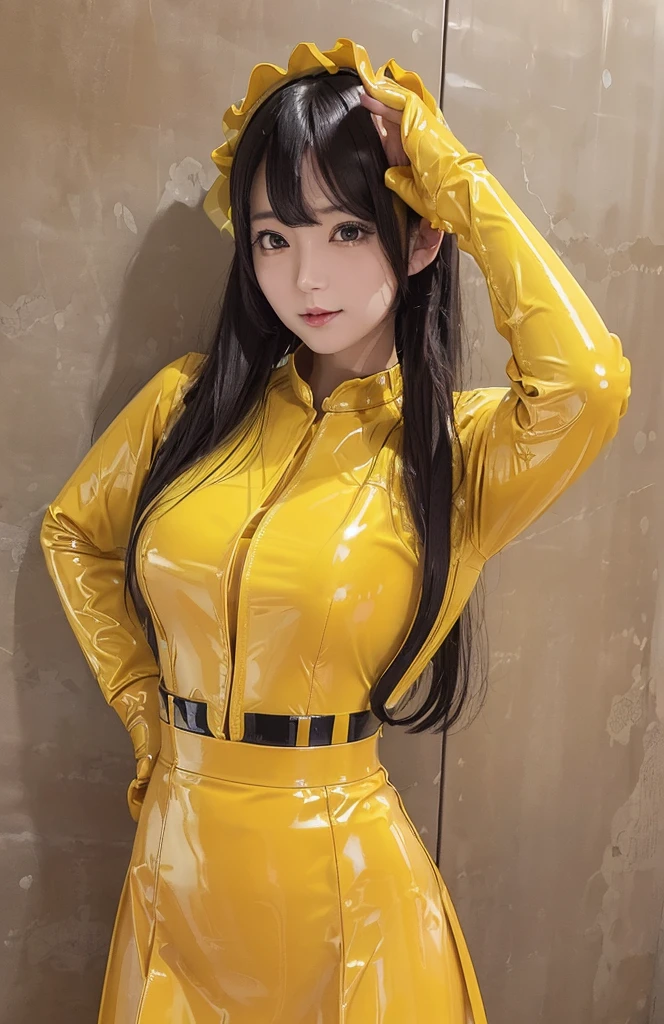 Portrait、(masterpiece,Highest quality,Ultra-high resolution),Japanese women, (((Very beautiful 25 year old girl))),(Yellow latex maid outfit)、(Yellow latex long skirt)、(A yellow latex long-sleeved shirt covering the upper body)、Yellow latex long gloves、Yellow frills、Yellow latex socks、Latex bodysuit、Latex is very shiny、