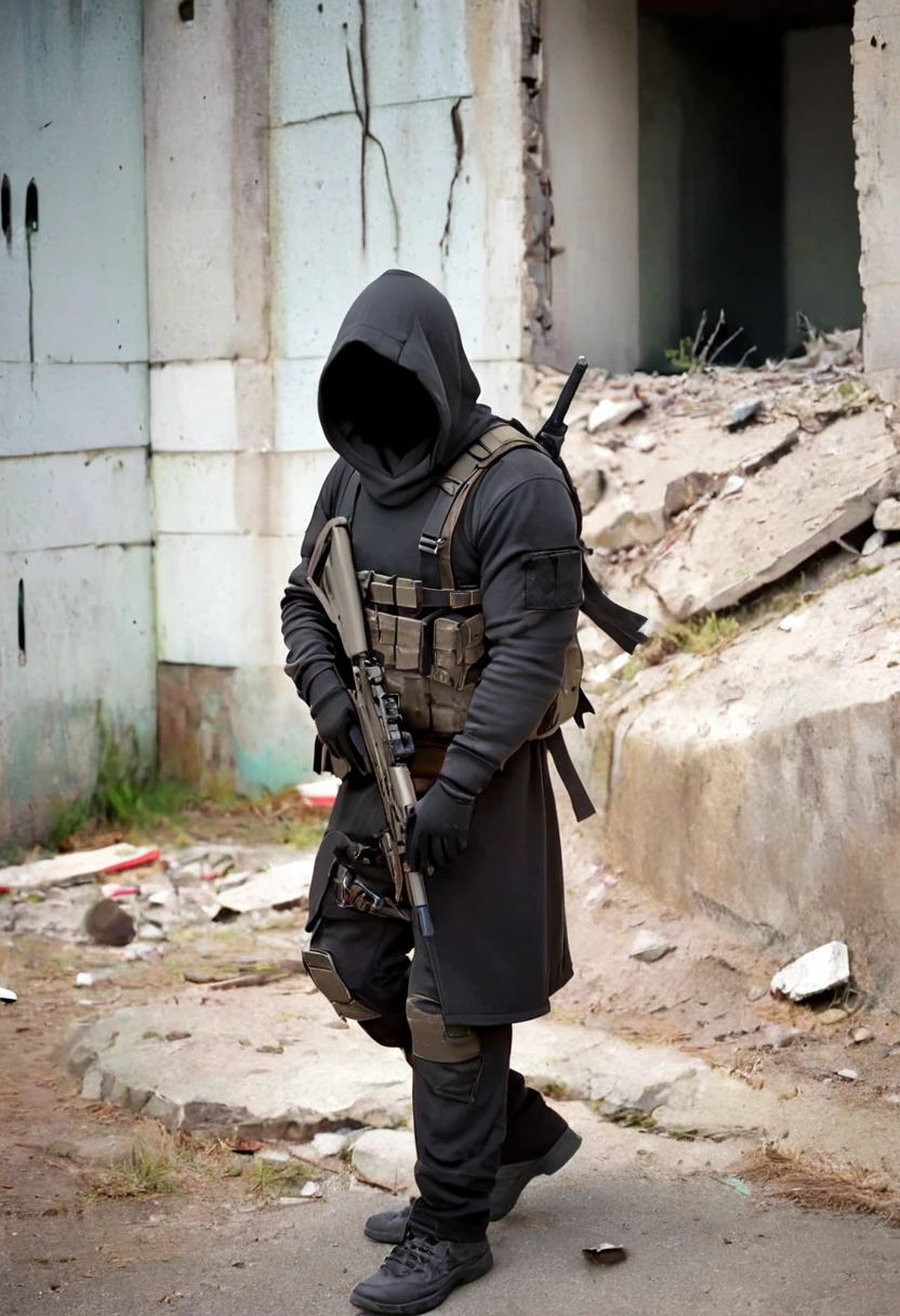 Hooded man, you can’t see his face. He wears a long black coat with a hood that hides his face, he wears a bullet vest and a military outfit. He is armed with an assault rifle. The environment around him is dilapidated and in ruins. The man wears an assault rifle and his face is not visible. [Ruin] [Concealed face] [Hooded] [Armed] [Assault rifle] [Man]