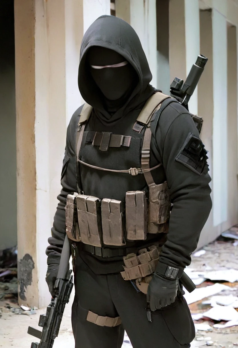 Hooded man, you can’t see his face. He wears a long black coat with a hood that hides his face, he wears a bullet vest and a military outfit. He is armed with an assault rifle. The environment around him is dilapidated and in ruins. The man wears an assault rifle and his face is not visible. [Ruin] [Concealed face] [Hooded] [Armed] [Assault rifle] [Man]