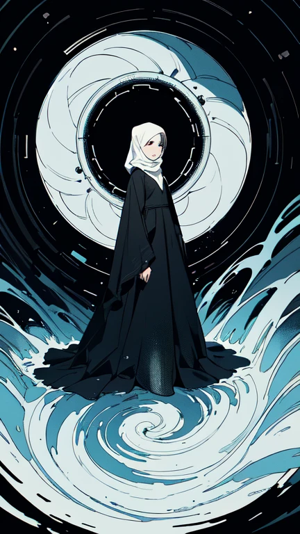 Surrealist painting,16 kg,Maximum detail,Soft texture,Deep shadows,dark,Sharp lines,((a Beautiful, A young woman feels the passage of time)),sad colors. Beautiful. hasty. Mysterious random Kazakhstan. sad. turn around. (To merge:1.2). Cracked. (whirlpool:1.2). (Shiny eyes:1.2). abstract background. (Full body), Hijab and long dress