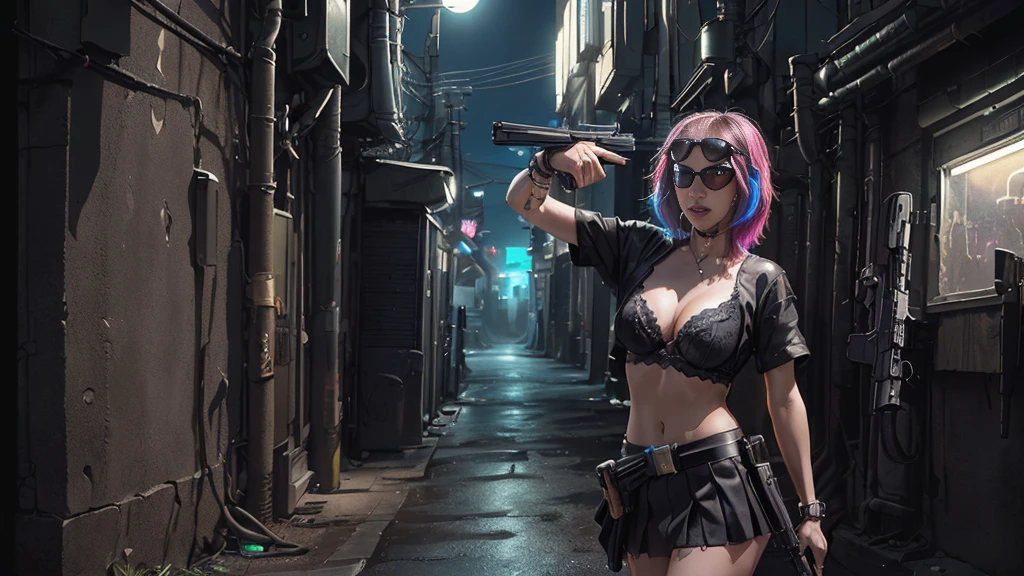(Realistic:1.4) cyberpunk girl images, (highest quality, 8k, 32k, masterpiece) , (Dynamic pose), ((Front camera)), Cowboy Shot, Shapeless hair, Multicolored Hair, Colorful cyberpunk combat armor, Depth of written interface f/1.8, high angle view of Cyberpunk city (((((at night))))) as background. (((1girl, solo))), photo realistic, (medium-breast slim body, cleavage), (((full bra top, extreamly short pleated (((miniskirt))) exposing panty))), (((((matrix style black sunglasses))))), (((((((aiming at viewer with a (pistol), (looking at camera)))))))), (((((half-body (thigh level) medium shot))))), (cinematic lighting).