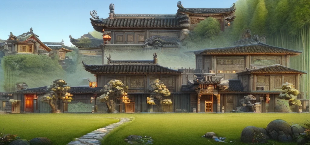 Highest quality，Chinese Ink Painting，antiquity,Rural buildings between mountains and rivers，Rectangular architecture，People view，Glass facades，Clean sky，Clean glass，Trees，Soft sunlight，Decorative Arts，Sloped roof，Best quality,Architectural Photography,Photorealism,Hyperrealism,Ultra Detailed，V-ray，（architectural design）