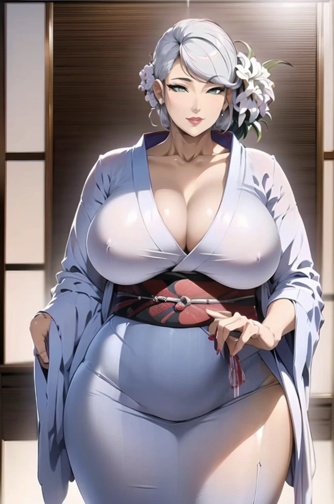 Araffe woman in white kimono poses for photo, White Hair Color, Wearing Kimono,Chic, rendered in sfm, hyperrealistic full figure, oppai proportions, oppai, Makoto, SFW version, standing pose, Standing infront of Japanese House, Waiting for you face expression, hyper real render, makoto shinka, [ 4 k photorealism ]!!, [ 4 k photorealism ]!!!, Voluptuous body, curvy body, Naughty anime style, plus size model, Scruffy body,Erotic cartoon style body, Married woman's big ass,Eros of a married woman, Married woman style, Married woman atmosphere, high quality, photo-realistic, cinematic lighting, warm color tones, masterpiece