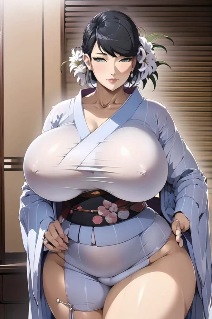 Araffe woman in white kimono poses for photo, White Hair Color, Wearing Kimono,Chic, rendered in sfm, hyperrealistic full figure, oppai proportions, oppai, Makoto, SFW version, standing pose, Standing infront of Japanese House, Waiting for you face expression, hyper real render, makoto shinka, [ 4 k photorealism ]!!, [ 4 k photorealism ]!!!, Voluptuous body, curvy body, Naughty anime style, plus size model, Scruffy body,Erotic cartoon style body, Married woman's big ass,Eros of a married woman, Married woman style, Married woman atmosphere, high quality, photo-realistic, cinematic lighting, warm color tones, masterpiece
