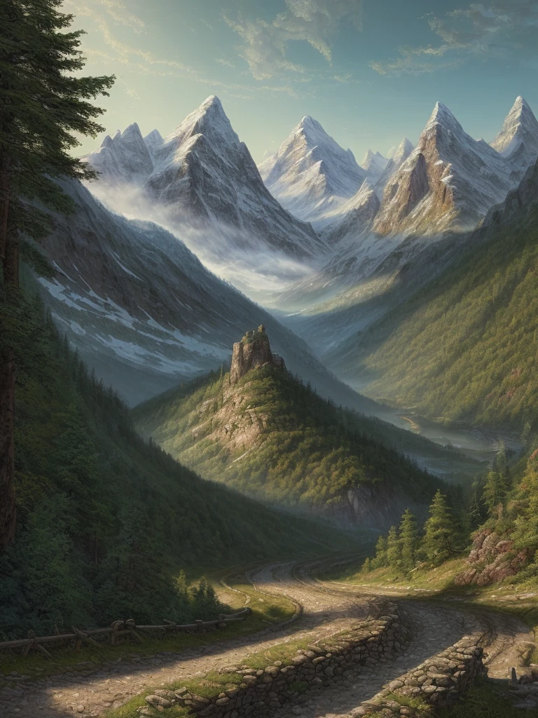 Painting of a mountain scene with a road passing through it, Matte painting by Alexander Kucharsky., shutter stock, fantasy art, beautiful natural scenery, Highly detailed 4k digital art., Nature wallpapers, Hyper-realistic landscape, Made of trees and fantasy valleys, Breathtaking landscapes, High quality 8K detailed artwork., landscape art, Beautiful mountain backgrounds