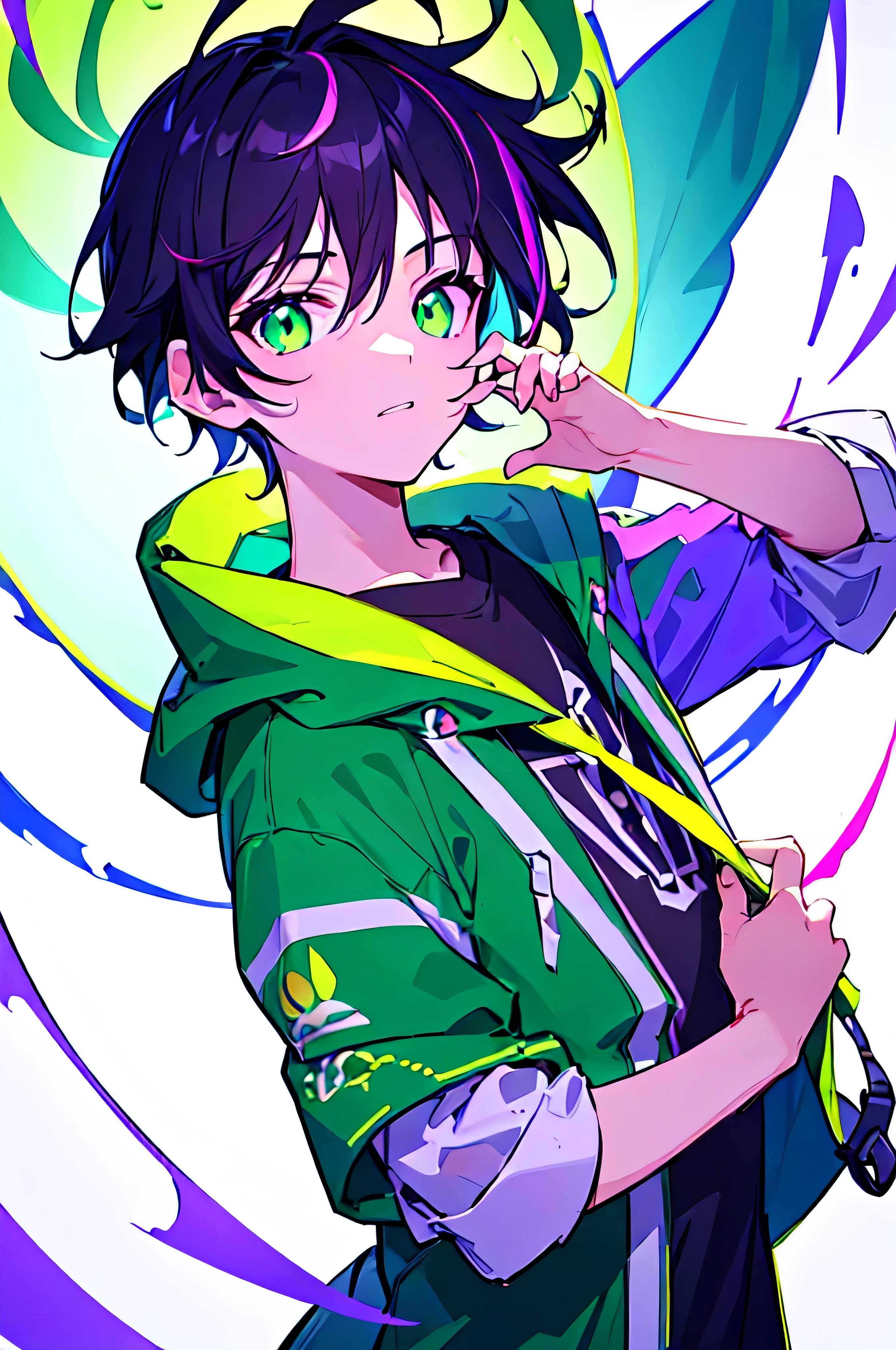 [(WHITE BACKGROUND:1.5),::5], ((((masterpiece)))), high quality, ultra very high resolution, full color, (((solo))), ((little boy)), black hair, ((purple streaked hair)), (green eyes), anime, ((upper body)), neon light, black parka, (green flame effect:1.2)