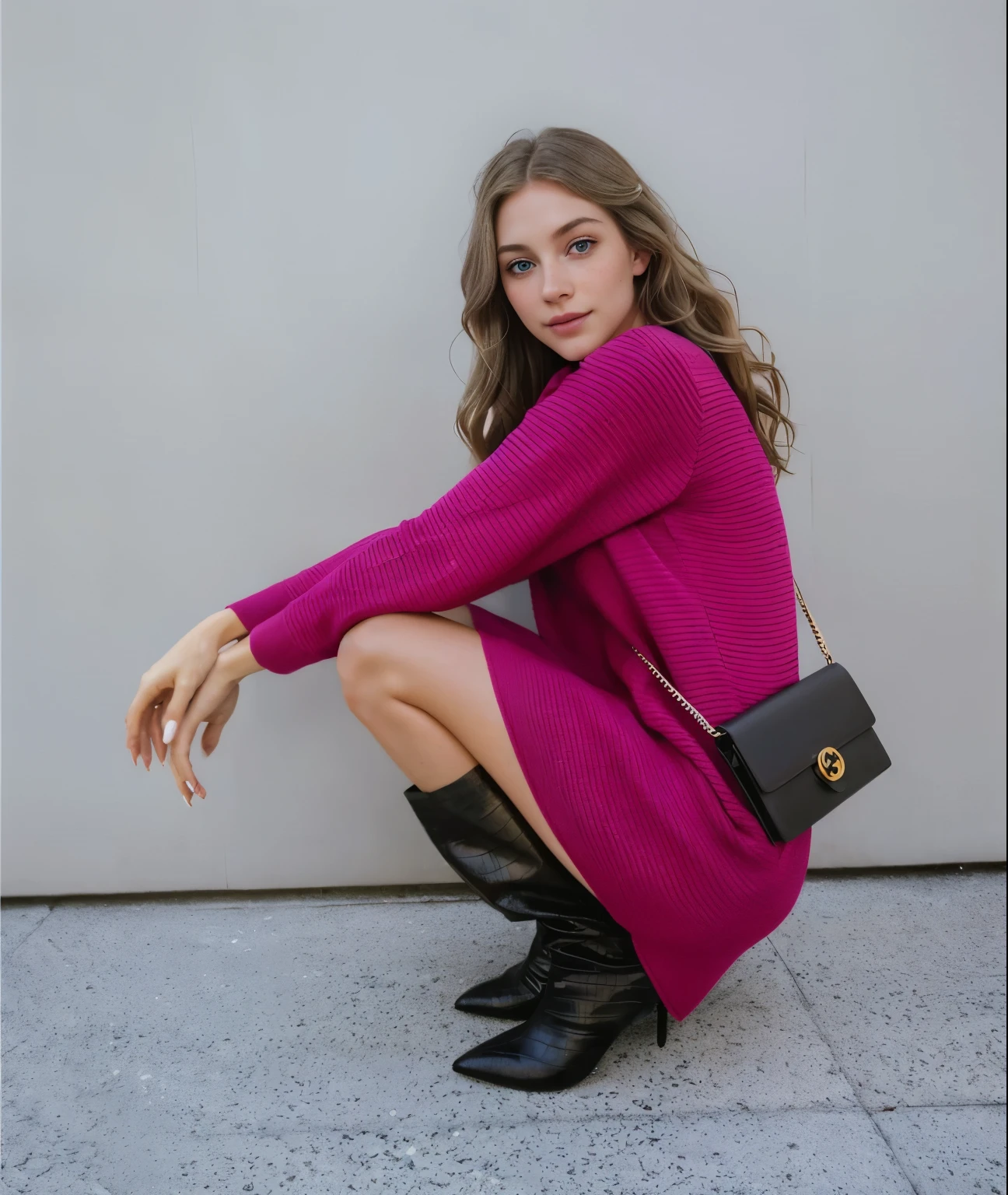 a one woman, americana, age 25, pale skin and freckles, grey-eyed, delicate nose, soft and delicate lips, distant, long wavy waist length blondie hair, Sweet smile, face with delicate feminine facial features, Highly Rendering