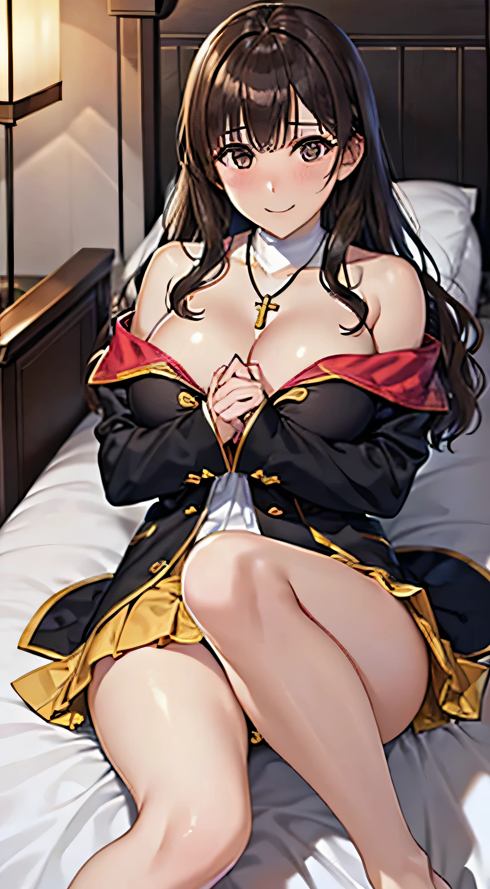 ((Tabletop, Highest quality, High resolution, , Pixel Perfect, 4K,))), 1 female, 、The whole body is visible、 ((Long Wavy Hair, bangs, Brown Hair)), ((Brown eyes, Beautiful eyelashes, Realistic eyes)), ((Detailed face, Blushing:1.2)), ((Smooth texture:0.75, Realistic texture:0.65, Realistic:1.1, Anime CG Style)), Medium sized breasts, Dynamic Angle, Perfect body, (( , , Beautiful Priest、、 Priest off-shoulder jacket、Priest Flare Skirt、、)), Gold Hair Ornament、Cross Necklace、、Very embarrassing panic smile, 、Gorgeous church basilica、Church Bed、Lying in bed、、Hold a big Bible、、Nipples are slightly visible、、Lace panties are visible、、、、、 、Angle from below)、