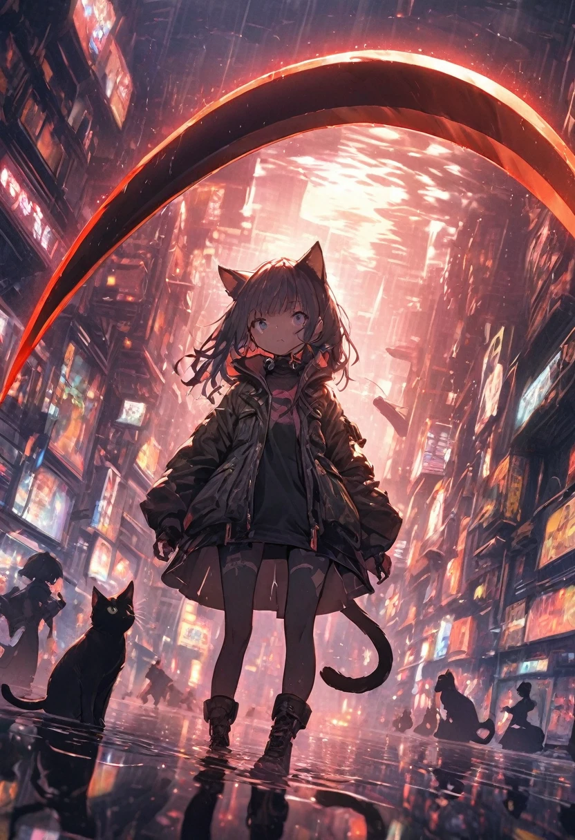Detailed silhouette of a cyberpunk girl with cat ears and a tail, Flowing, Tattered coat, He carries a giant scythe with a mechanical cat design on it.., Stand on the glossy, Minimalist Reflective Surface, Depth, Dynamic Angle、Particles that glow throughout、Dimly、rain、Fisheye Lens:1.2、far and near method