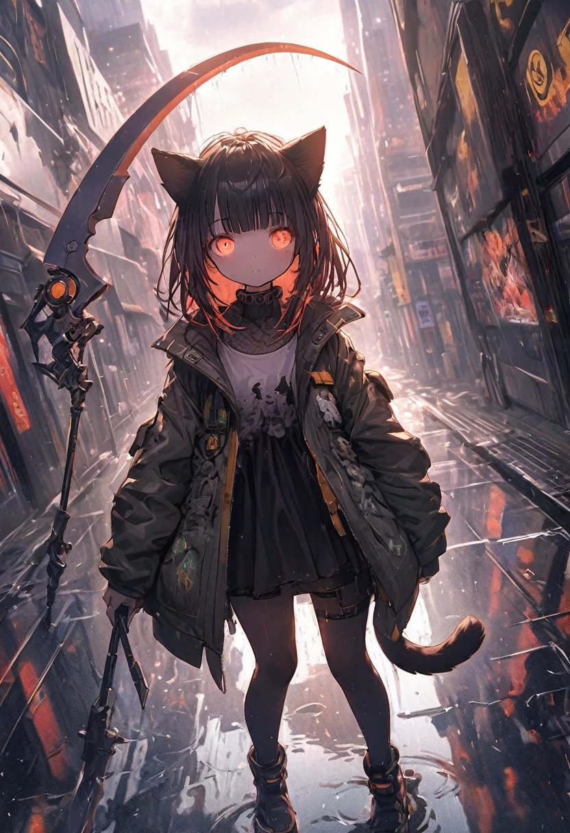 Detailed silhouette of a cyberpunk girl with cat ears and a tail, Flowing, Tattered coat, He carries a giant scythe with a mechanical cat design on it.., Stand on the glossy, Minimalist Reflective Surface, Depth, Dynamic Angle、Particles that glow throughout、Dimly、rain、Fisheye Lens:1.2、far and near method