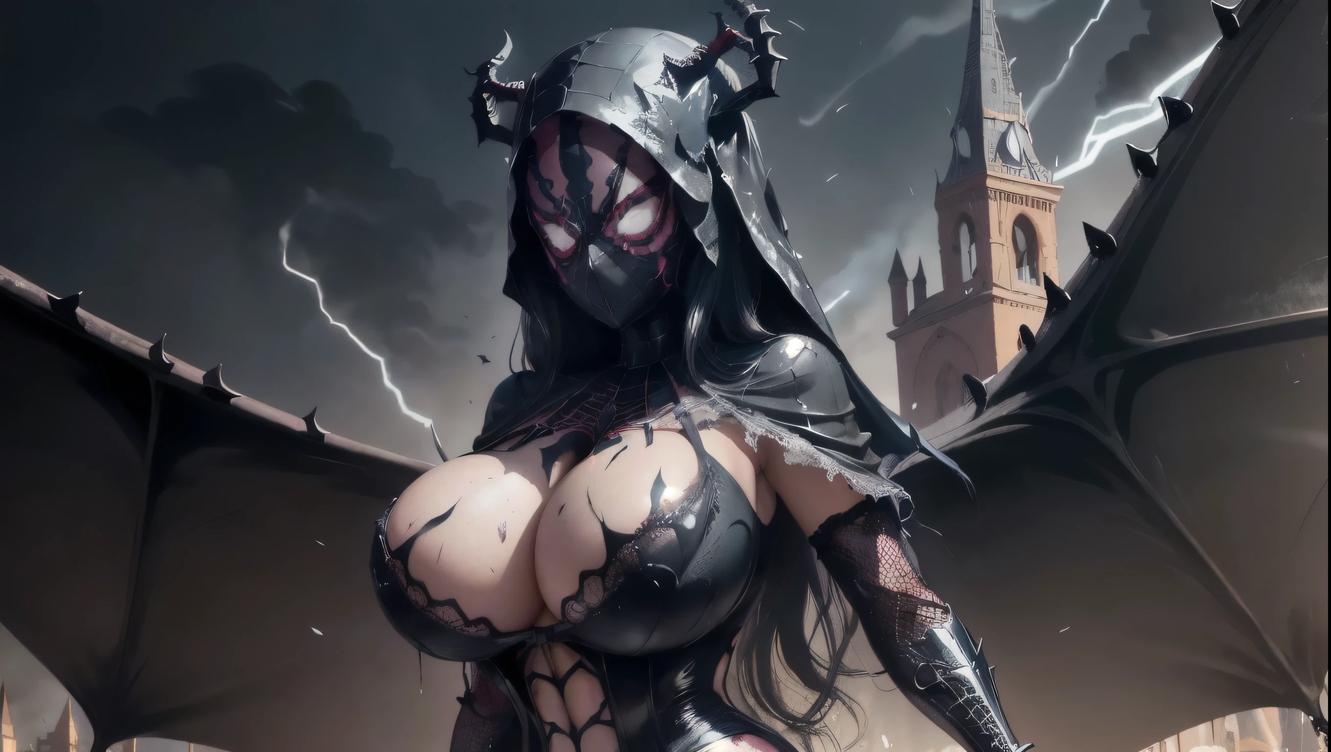 ((best quality)), ((masterpiece)), (detailed), perfect faces, (((Big tits))), two hot young busty girls, black lava outfit, stocking, beautyful faces, (( long length hair)), ((detailed eyes)), lightning in the background, ((dark castle in the background, ((lace thigh fix), garter belts (((the clothes melt off her))), (((black paint splattered on it))), (flying dragon in a background), black damaged corsets, ((clothes were torn in several places))), latex lingerie, (nun costumes), (((he wearing a black spiderman venom face mask))), venom, black dark venom, ((black lacy brassiere)), perfect detailed , (detailed eyes), ((photographed from front)) latex, erotic pose, boobies , long white hair, detailed eyes, good anatomys, big boobies, (((two person)))