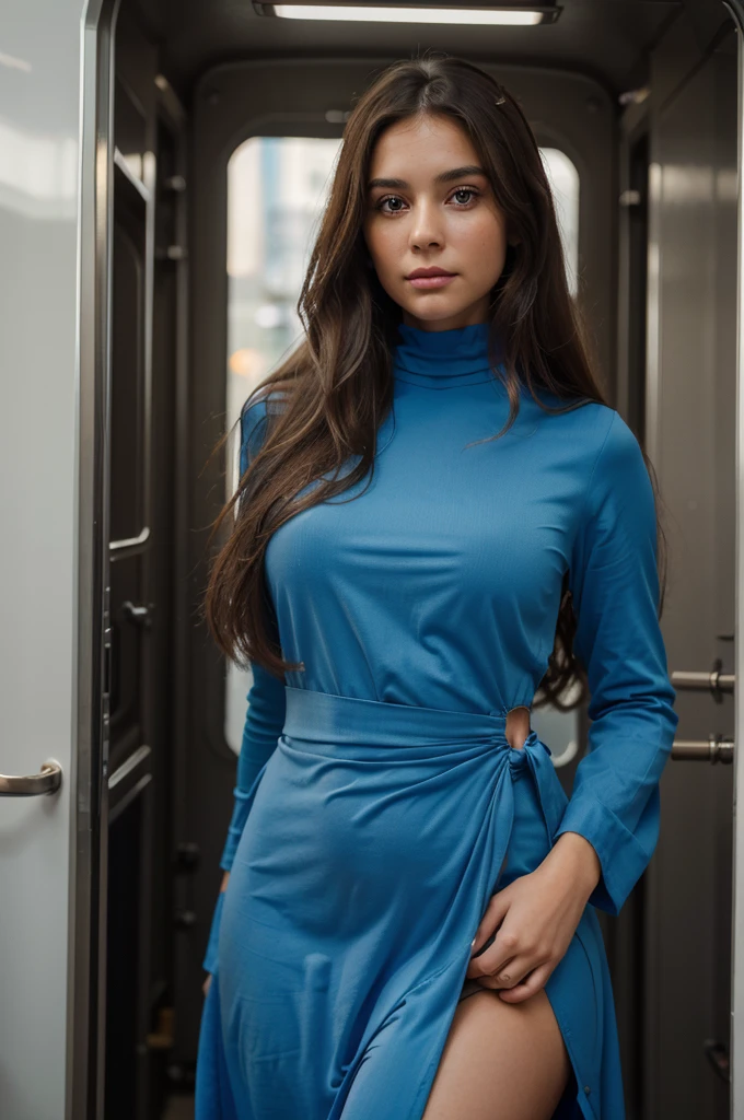 ((best quality)), ((masterpiece)), (detailed), perfect face, looking hot, gorgeous female jade tailor, sexy look, curvy model, brown hair and a perfect body, portrait sophie mudd, lacey, elegant posed, sexy girl, sultry, wearing T-shirt Mini Dress with Skirt Bottom