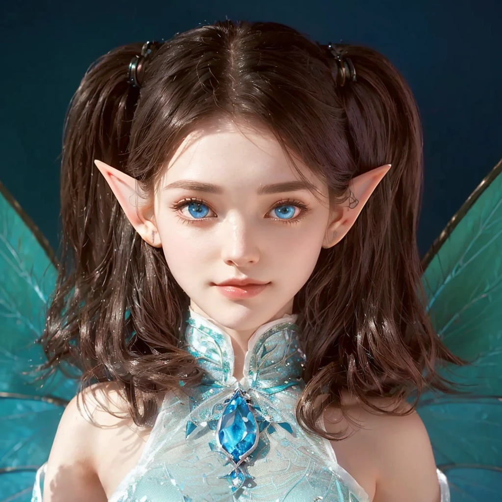 Close up of woman with fairy costume and blue eyes, Highly detailed fantasy character, Smirking elf character, Brunette elf with fairy wings, elf girl, Pixie Character, 매우 아름다운 Portrait of an elf, Female elves, Highly detailed characters, Portrait of an elf, elf princess, a Portrait of an elf, Blue Elf, portrait of a fairy