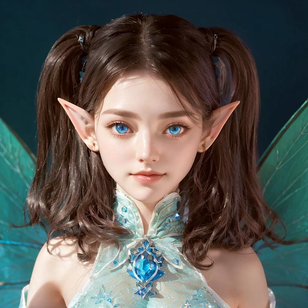 Close up of woman with fairy costume and blue eyes, Highly detailed fantasy character, Smirking elf character, Brunette elf with fairy wings, elf girl, Pixie Character, 매우 아름다운 Portrait of an elf, Female elves, Highly detailed characters, Portrait of an elf, elf princess, a Portrait of an elf, Blue Elf, portrait of a fairy