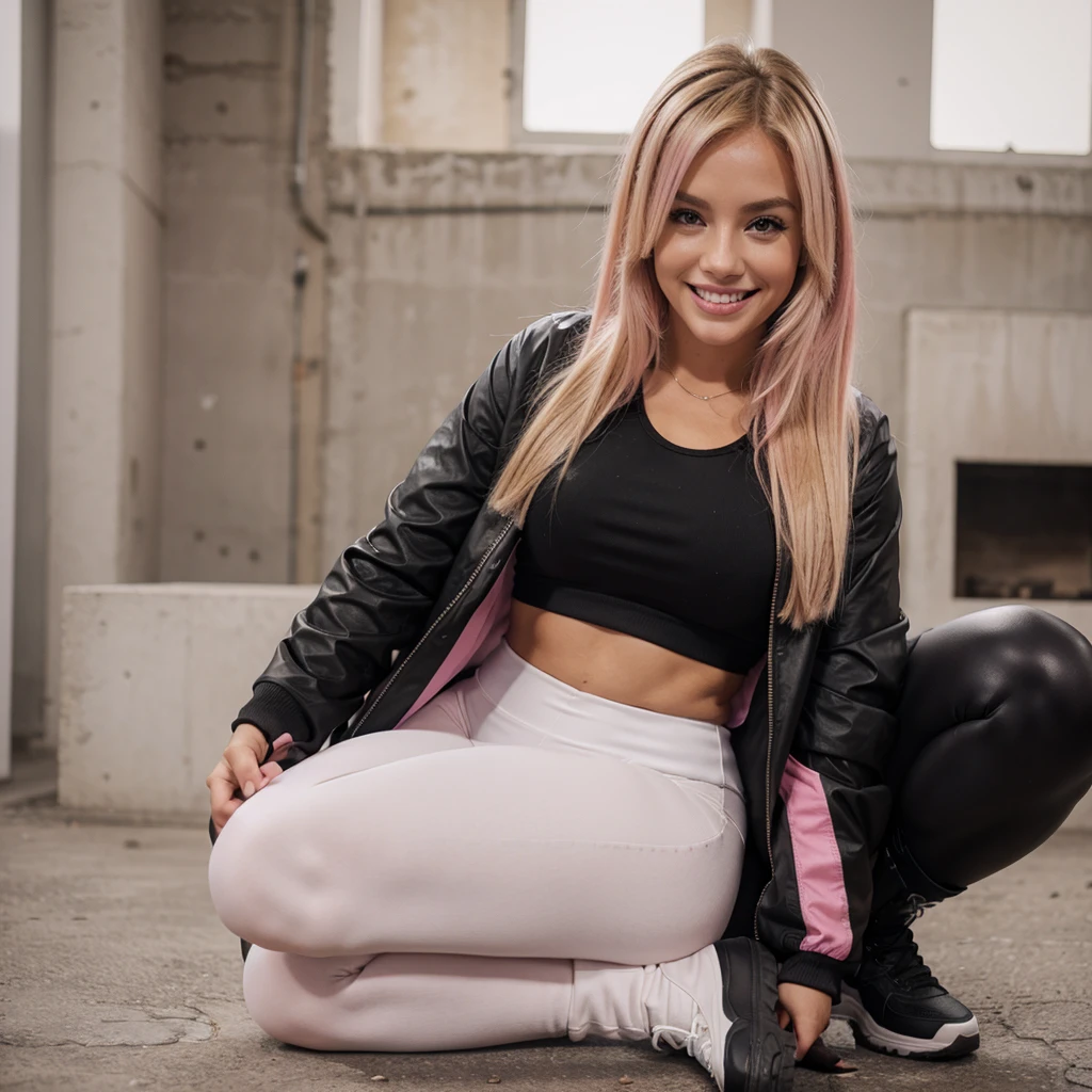 Blonde hair with pink highlights, black jacket, white tank top underneath jacket, black leggings, black boots, smiling, thick thighs, abs