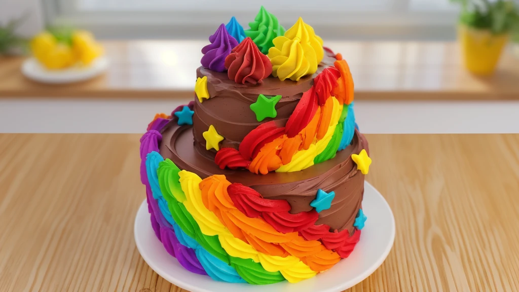 on a wooden table. there is a white plate. double tier chocolate cake ((chocolate cream texture, strokes of a pastry spatula)), rainbow cream in stitches, decorated with rainbow stars made of polymer clay, multi-colored cream on top ((cream highlights)), against the background of the kitchen, Beautiful light from the window, contour light, Multiple light sources, beautiful lighting, Bright light source, bright lighting, beautiful light sources, Multiple light sources, Realistic style , realistic texture, detailed texture, A high resolution, high quality, macro photography