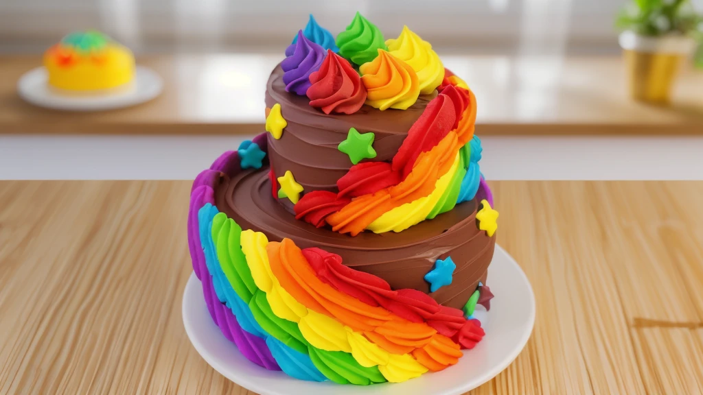 on a wooden table. there is a white plate. double tier chocolate cake ((chocolate cream texture, strokes of a pastry spatula)), rainbow cream in stitches, decorated with rainbow stars made of polymer clay, multi-colored cream on top ((cream highlights)), against the background of the kitchen, Beautiful light from the window, contour light, Multiple light sources, beautiful lighting, Bright light source, bright lighting, beautiful light sources, Multiple light sources, Realistic style , realistic texture, detailed texture, A high resolution, high quality, macro photography 