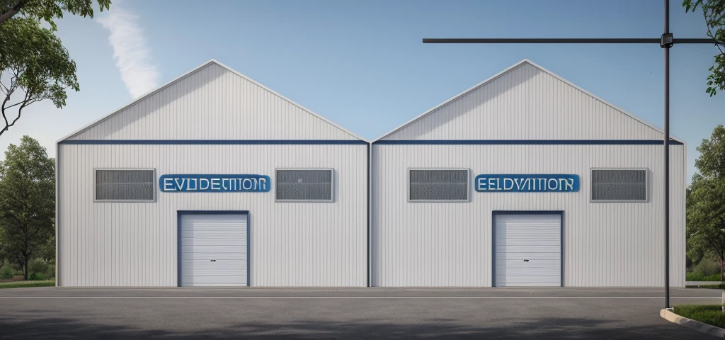 Elevation view, Exterior, high quality, factory, white, road, blue, tree, tole, landscape, finished materials.