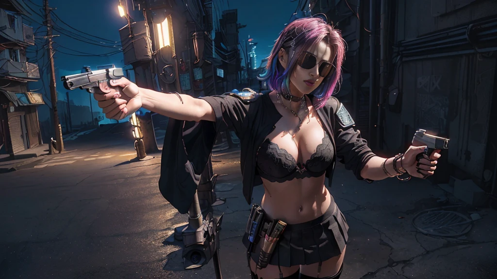 (Realistic:1.4) cyberpunk girl images, (highest quality, 8k, 32k, masterpiece) , (Dynamic pose), ((Front camera)), Cowboy Shot, Shapeless hair, Multicolored Hair, Colorful cyberpunk combat armor, Depth of written interface f/1.8, high angle view of Cyberpunk city (((((at night))))) as background. (((1girl, solo))), photo realistic, (medium-breast slim body, cleavage), (((full bra top, extreamly short pleated (((miniskirt))) exposing panty))), (((((matrix style black sunglasses))))), (((((((aiming at viewer with a (pistol), (looking at camera)))))))), (((((half-body (thigh level) medium shot))))), (cinematic lighting).