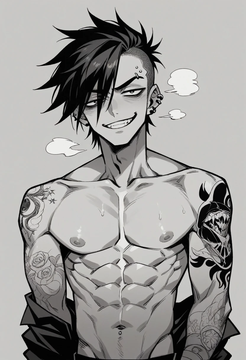 make me an image of a skinny shirtless punk, full of tattoo and dry abs. He has a s smug face and holding a cigarete.