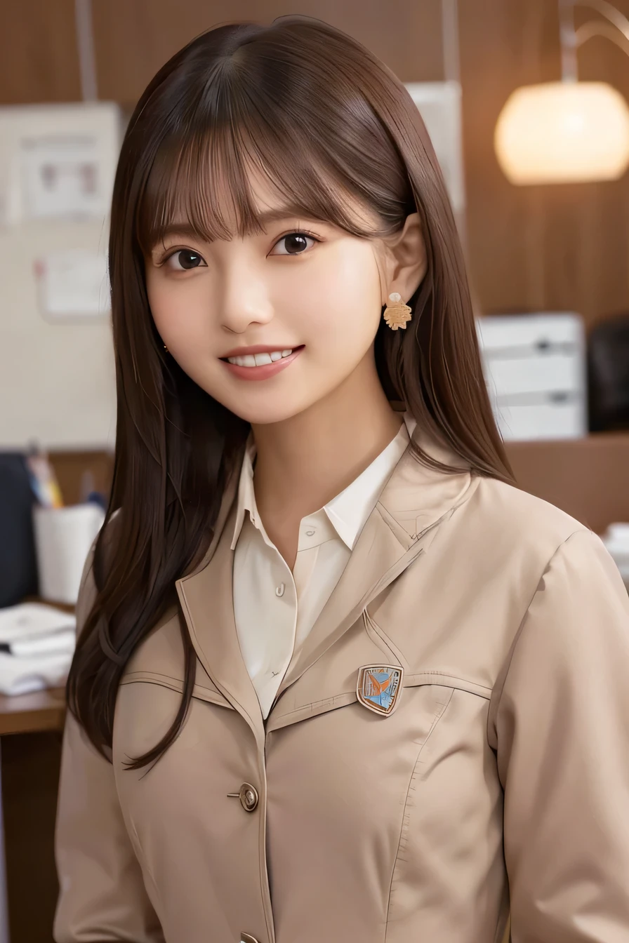 Intricate details, 、ear piercing、looking at the camera、、smile、Beautiful teeth alignment、Brown Hair、 Clear beauty, (High quality fabric, Office Lady Suits 、Jacket、Unbuttoned shirt、Necklace around the neck、Dark eyeliner、 The background is the office