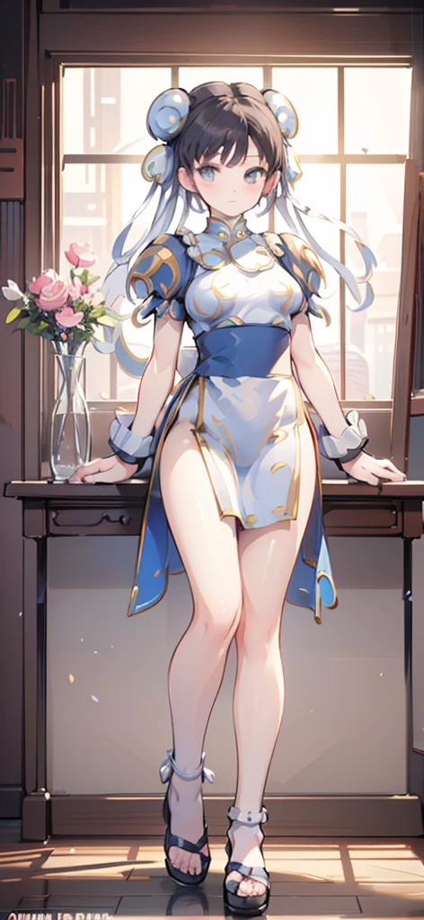 master piece, hyper quality, Hyper Detailed, Perfect drawing,独奏,garl, onepiece、a miniskirt,knee high socks:1.5,(((Holding a large bouquet))), butt sticks out, Big round buttocks, Standing figure, ((Panties are slightly visible)), Tanned skin: (1.2), Cute smile, Sunburn scars: (1.5), Shooting from diagonally below, Beautiful background, meticulous drawing, Accurate drawing.
