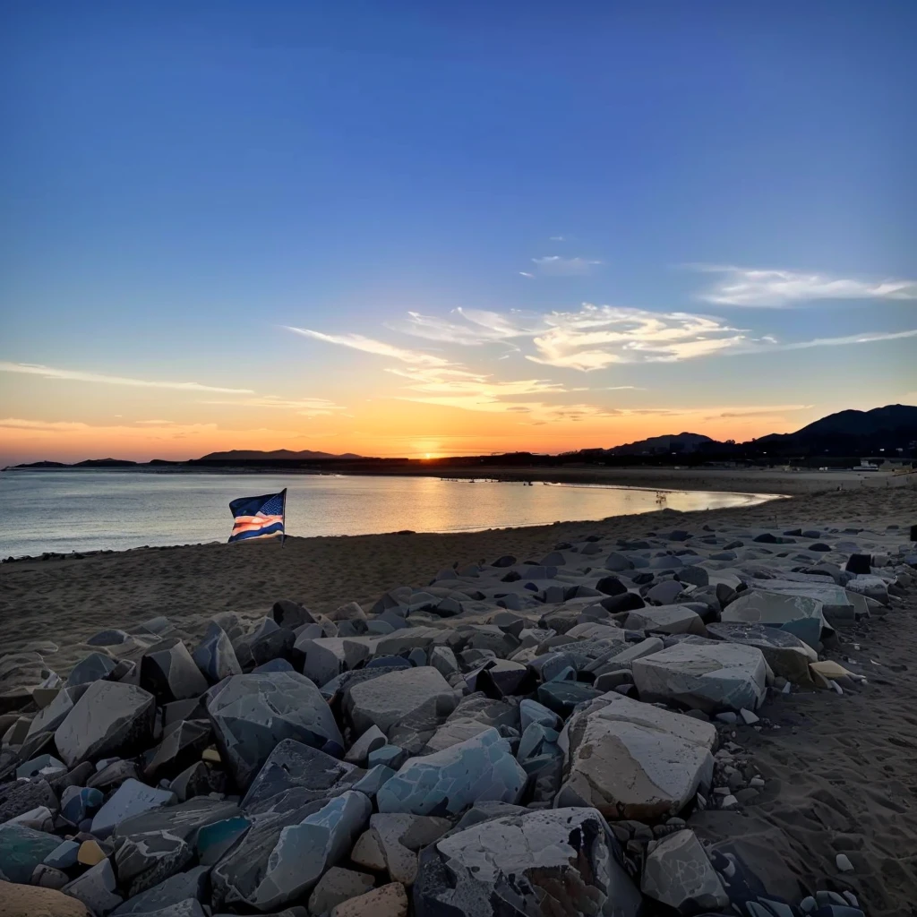 Overlooking the beach，There are rocks and a flag on it, Sunset, Shot with iPhone 1 3 Pro max, Shot with Sigma 2.0mm f/1.0. 4, Sunset, Shot with Canon EOS R 6, Shot with iPhone 1 3 Pro, Shooting during the golden hour, 8k hdr sunset lights, Shot with iPhone 1 3 Pro