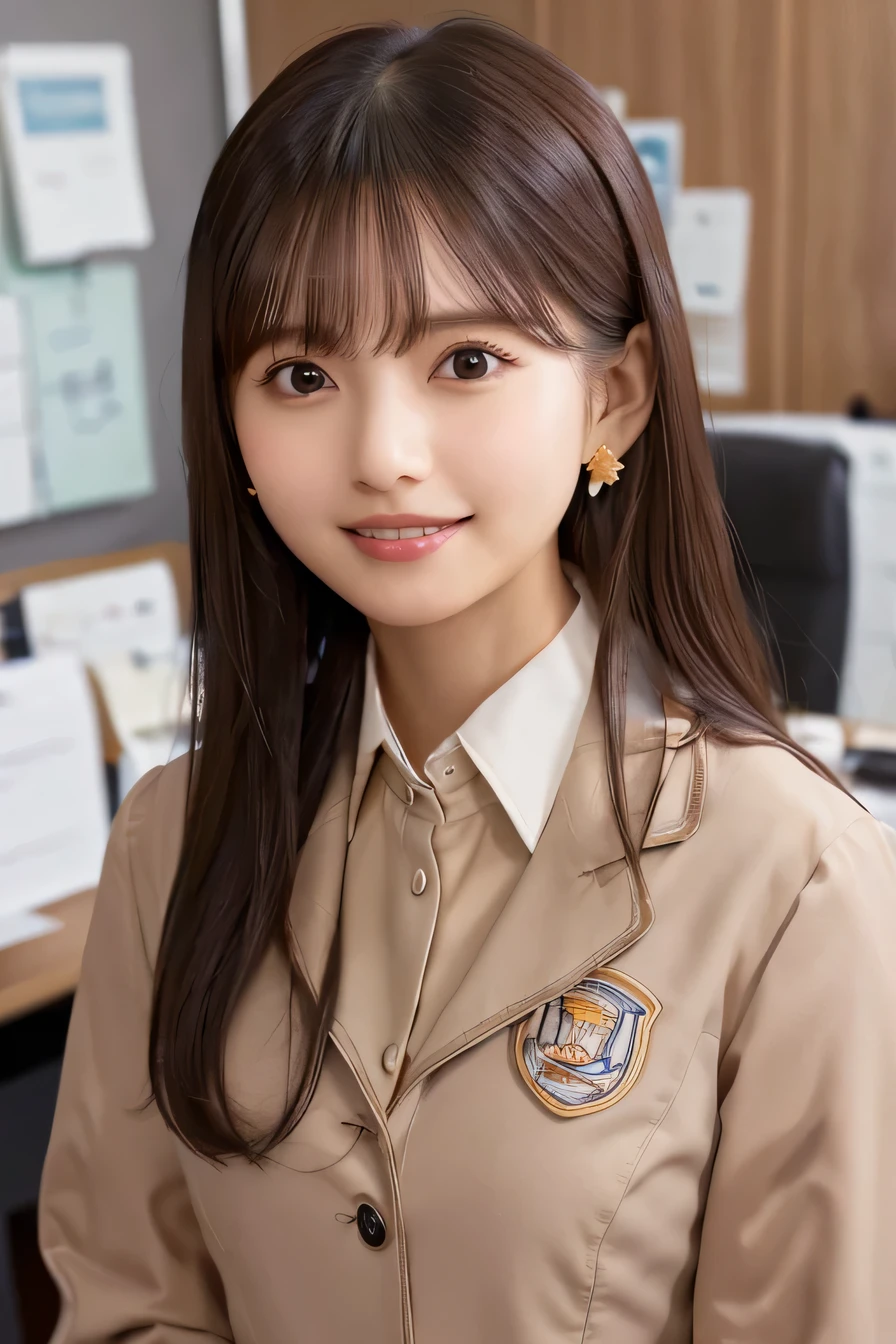 Intricate details, 、ear piercing、looking at the camera、、smile、Beautiful teeth alignment、Brown Hair、 Clear beauty, (High quality fabric, Office Lady Suits 、Jacket、Unbuttoned shirt、Necklace around the neck、Dark eyeliner、 The background is the office