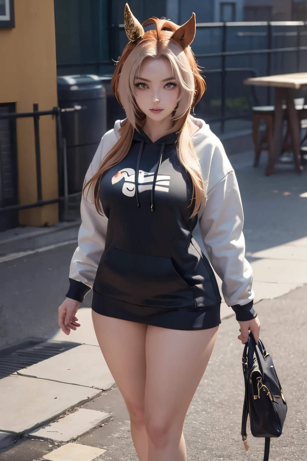 masterpiece, Highest quality, 1 person,(  middle breasts、Are standing, View your viewers),Detailed Background、A person who writes in detail、Accurate human body、Knowledgeable person、Accurate 5 fingers, woman,Thick thighs,Curvy_body 0.8,alone, orfevre\(umamusume\),Oversized hoodie 18 years old、