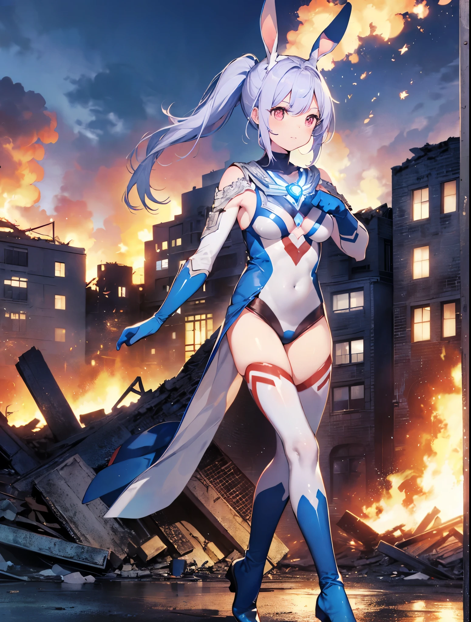 (Close-up:1.3),Realistic,Highest quality, Ultra Detail, High-quality CG rendering, The most delicate and beautiful, Floating softly, High resolution, (1 giant girl), (Highest quality,4K,8K,masterpiece:1.2) ,Light purple hair,Rabbit,(Bunny ears:1.5),ponytail,Red eyes,(Ultra Girl:1.0),(All blue Ultraman bodysuit:1.5),(All blue gloves:1.5),(All blue shoes:1.5), (Clenched Fist:1.2),(whole body:1.3),(front:1.2),(Are standing:1.3),(A city engulfed in flames:1.3),(Buildings in flames:1.3),(Burning Ruins:1.3),(Fighting Pose:1.3),(Put your right hand forward:1.3)