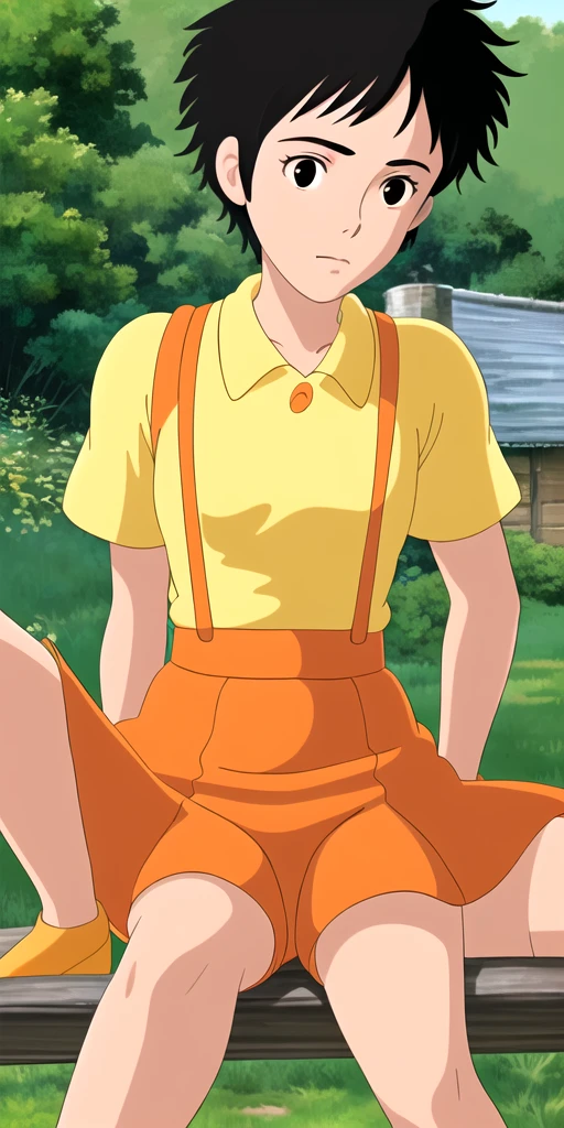 (Supremely realistic) Outdoor, satsuki,One girl, Black Hair, short hair, black eye, Yellow Shirt,Short sleeve, suspenders, Orange Skirt, Ghibli style, sit, Spread your legs, Crotch close-up, underwear, Translucent slip
