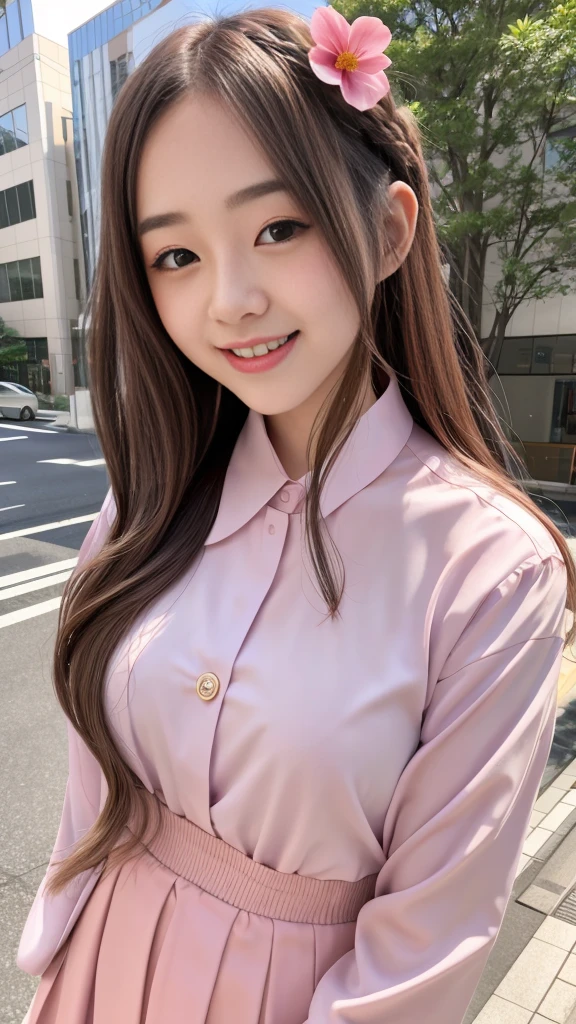 Raw photo、Ultra-realistic、Ultra detailed face、Detail lips、Detailed eyes、High school girl smiling showing her teeth、Long Hair:1.1、chest、Visible curves、Laughing with your mouth open 、Tokyo city角、 Whole body、( Slender body)、(Long Hair)、Big Breasts、Idol、(pastel colour)、18-year-old、Small face、Braid、 Tokyo city、Long beautiful legs 1.2、Curved waist、flower、uniform、blouse、Wide forehead