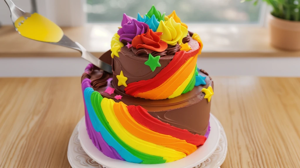 on a wooden table. there is a white plate. double tier chocolate cake ((chocolate cream texture, strokes of a pastry spatula)), rainbow cream in stitches, decorated with rainbow stars made of polymer clay, multi-colored cream on top ((cream highlights)), against the background of the kitchen, Beautiful light from the window, contour light, Multiple light sources, beautiful lighting, Bright light source, bright lighting, beautiful light sources, Multiple light sources, Realistic style , realistic texture, detailed texture, A high resolution, high quality, macro photography 