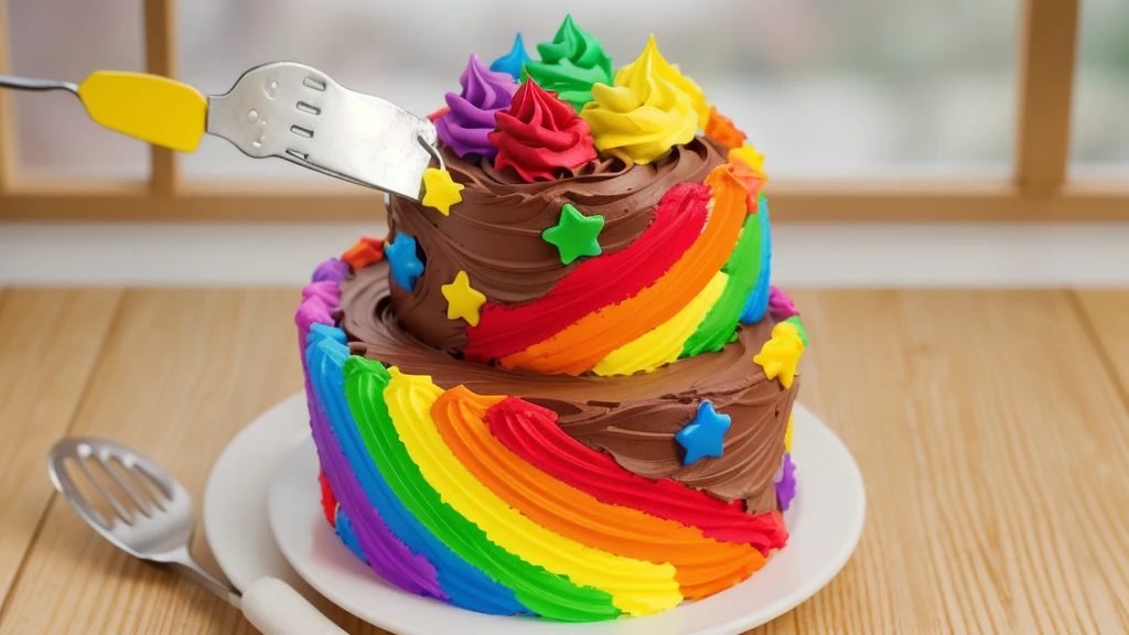on a wooden table. there is a white plate. double tier chocolate cake ((chocolate cream texture, strokes of a pastry spatula)), rainbow cream in stitches, decorated with rainbow stars made of polymer clay, multi-colored cream on top ((cream highlights)), against the background of the kitchen, Beautiful light from the window, contour light, Multiple light sources, beautiful lighting, Bright light source, bright lighting, beautiful light sources, Multiple light sources, Realistic style , realistic texture, detailed texture, A high resolution, high quality, macro photography