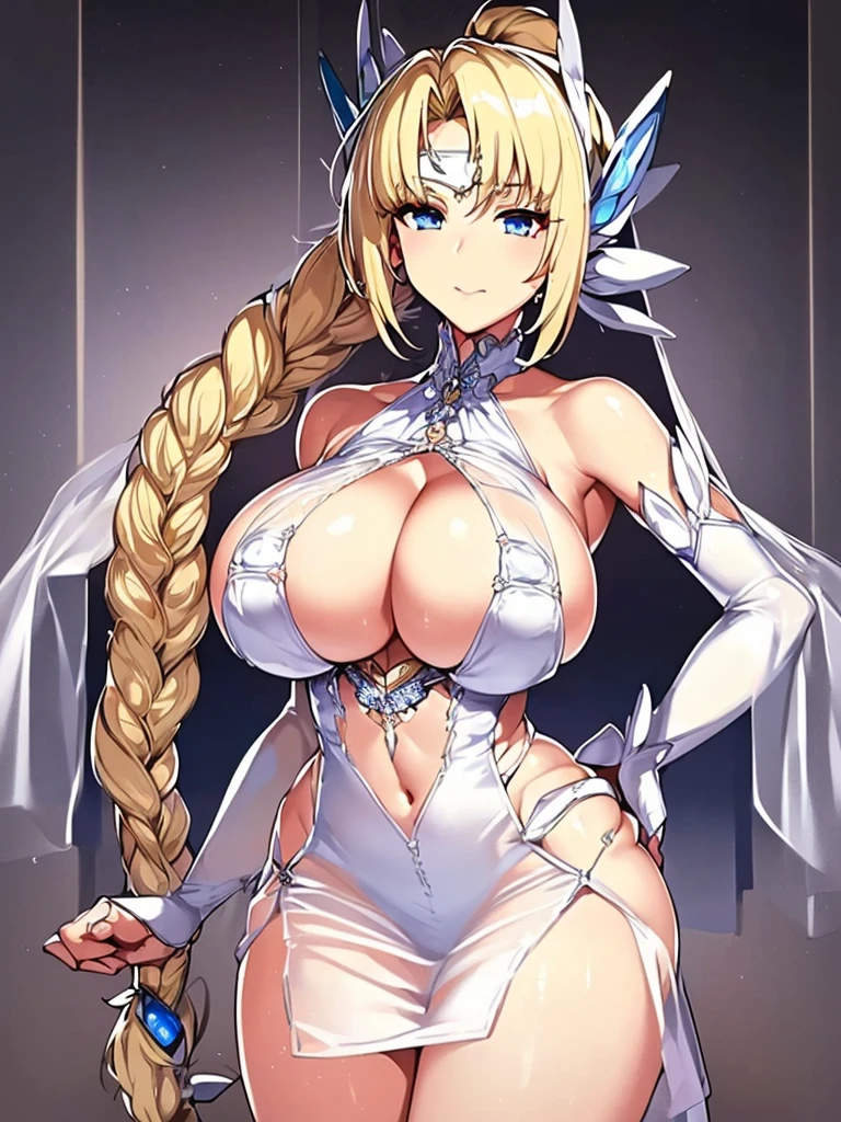masterpiece,best quality,1girl,18yo,beautiful girl,BREAK,(White sheer dress:1.7),(Cleavage:1.5),(voluptuous bust,thin waist:1.4),navel exposed,BREAK,(Beautiful blonde,braid,blue eyes:1.5),