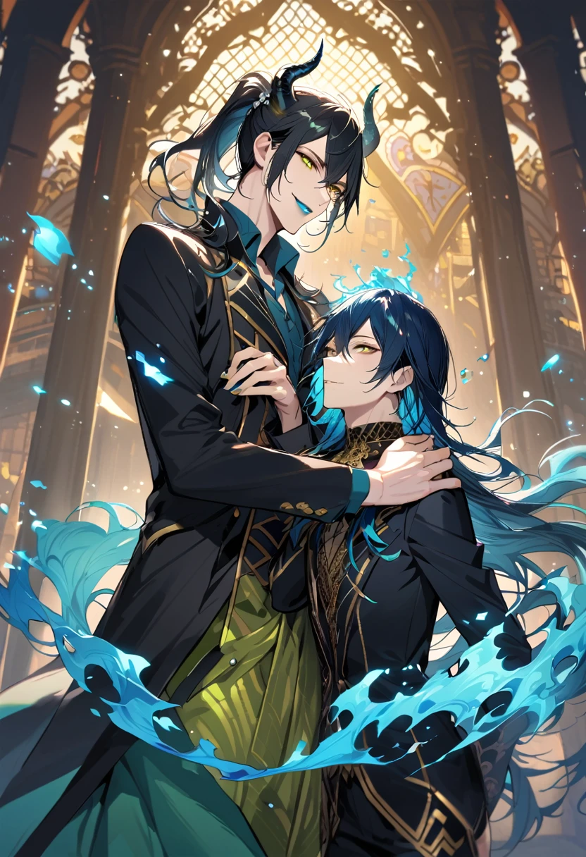 (pieces fly), (highest quality), very detailed, ((two men)), perfect face, beautiful face, very detailed face，full body shot, (black haired man:1.3)，(blue haired man:1.3)，suit，shirt，smile，flower, (1st boy,Idia Shroud, bishounen, boy, male, extremely long hair, blue hair, blue fire hair, wavy hair, yellow eyes, tired expression, blue lips, handsome, skinny, geeky, blue glow, shark teeth,) (2nd boy, malleus draconia \(twisted wonderland\) horns, bishounen, boy, male, long hair, black hair, yellow green eyes, smile, gray lips, handsome, skinny, tall, yellow green glow,)  Two men are hugging each,