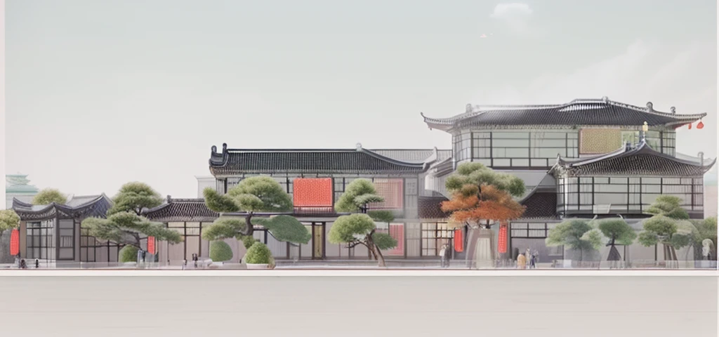 Highest quality，Chinese Ink Painting，antiquity,城市antiquity建筑，Rectangular architecture，People view，Glass facades，Clean sky，Clean glass，Trees，Soft sunlight，Decorative Arts，Sloped roof，Best quality,Architectural Photography,Photorealism,Hyperrealism,Ultra Detailed，V-ray，（architectural design）