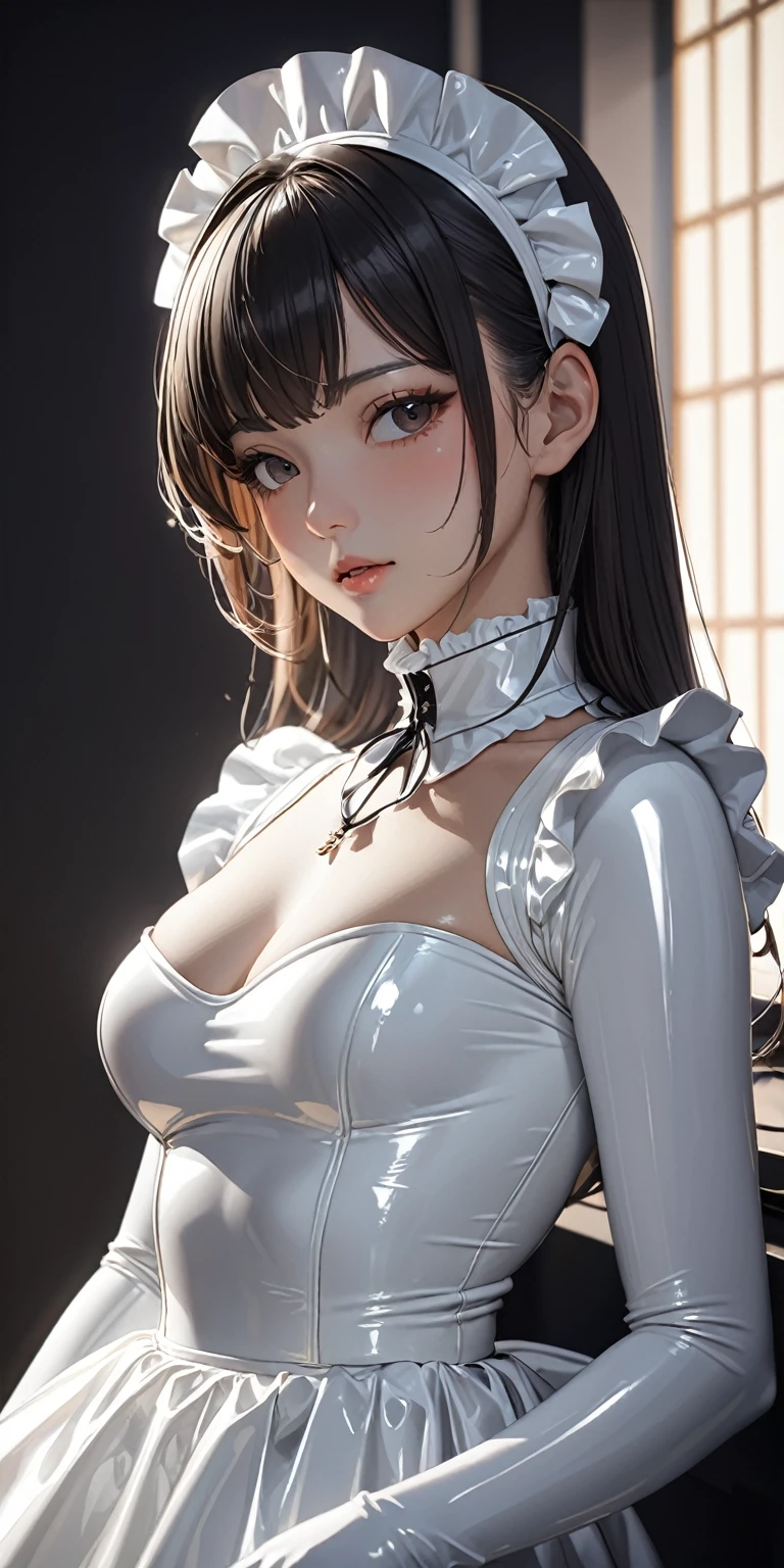 Portraiture、(masterpiece,Highest quality,Ultra-high resolution),Japanese women, (((Very beautiful 25 year old girl))),(White latex maid outfit)、(White latex long skirt)、(A long-sleeved white latex shirt covering the upper body)、White latex long gloves、White latex socks、The clothes fit snugly to the body、Latex is very shiny、Dark Room、