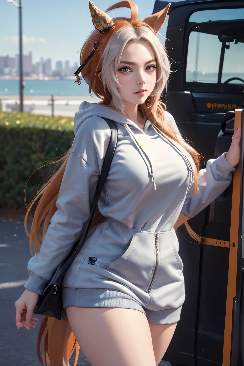 masterpiece, Highest quality, 1 person,( middle breasts、Are standing, View your viewers),Detailed Background、A person who writes in detail、Accurate human body、Knowledgeable person、Accurate 5 fingers, woman,Thick thighs,Curvy_body 0.8,alone, orfevre\(umamusume\),Oversized hoodie,18-year-old、