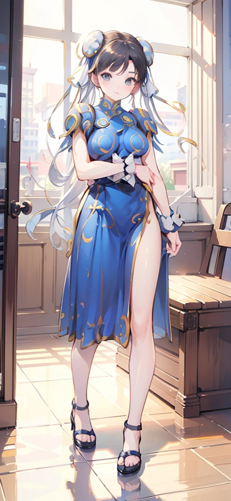 Chun-Li,((masterpiece)), ((best quality)), ((ultra detailed)), ((kawaii)), cute, (lovely), ((extremely detailed)), ((8K)), (beautiful), full body,solo, standing