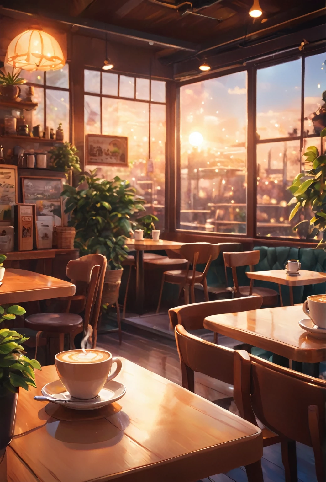 there is a table with a cup of coffee on it in a restaurant, cozy cafe background, coffee shop, cafe, cozy atmosphere, anime background art, pleasant cozy atmosphere, cafe interior, golden hour scene, in a bright cafe, cinematic morning light, radiant morning light, golden hour sunlight, sunny atmosphere, dreamy atmosphere, relaxing concept art, realistic afternoon lighting