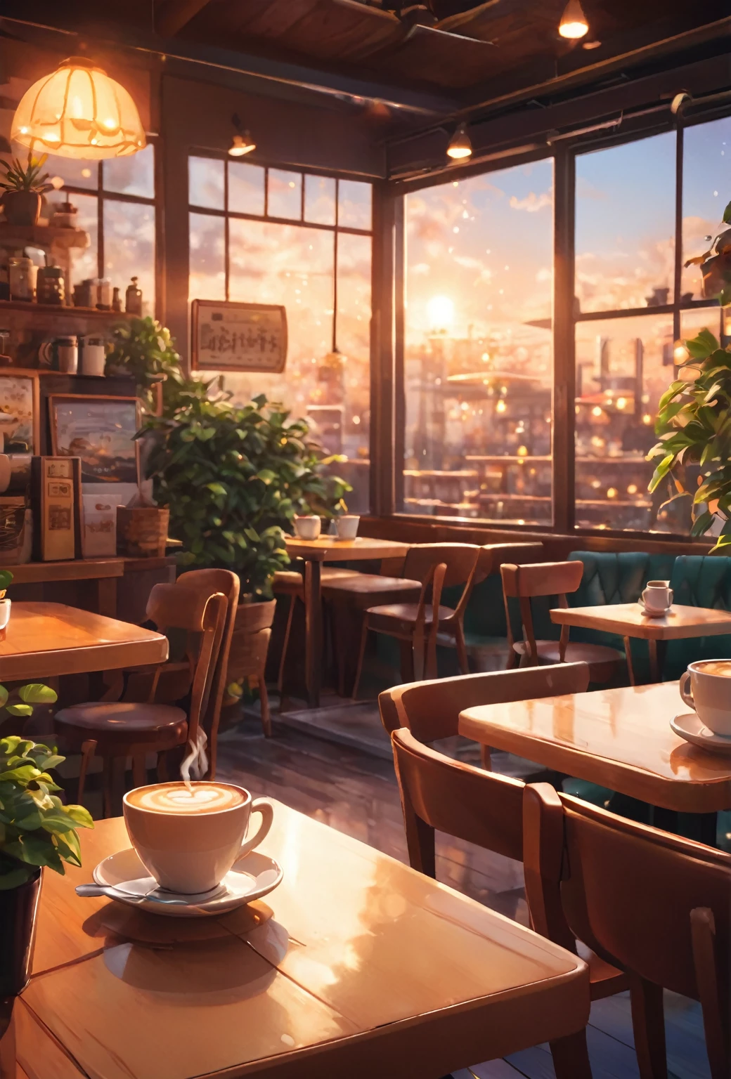 there is a table with a cup of coffee on it in a restaurant, cozy cafe background, coffee shop, cafe, cozy atmosphere, anime background art, pleasant cozy atmosphere, cafe interior, golden hour scene, in a bright cafe, cinematic morning light, radiant morning light, golden hour sunlight, sunny atmosphere, dreamy atmosphere, relaxing concept art, realistic afternoon lighting