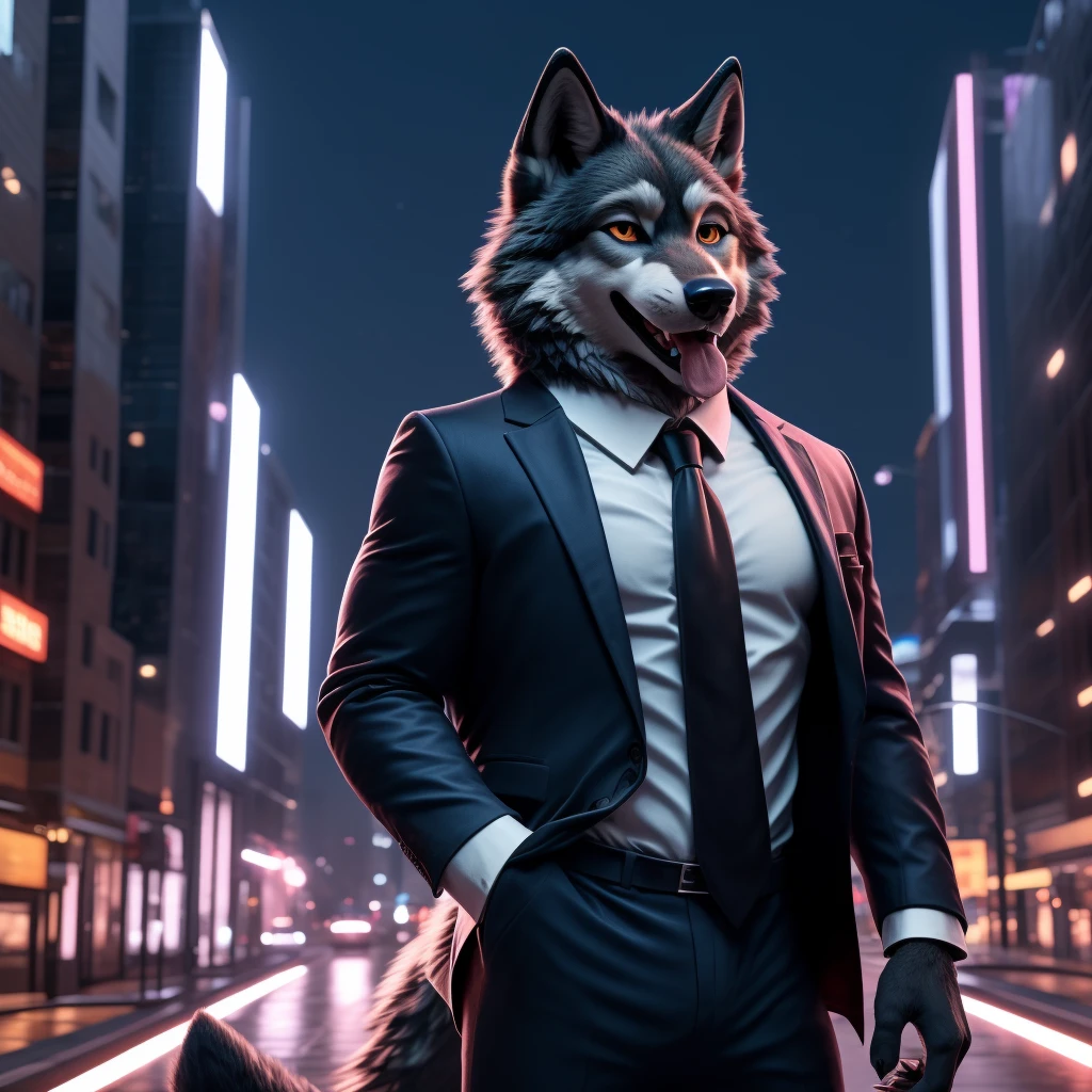 Posing, Male, 30 years old, happy, mouth open with tongue hanging out, black suit with red tie, anthro, wolf ears, (black fur:1.5), wolf, city background, 8k, hi res, (best quality, masterpiece), (wolf tail:1.5), detailed fur, solo, looking at camera, night,  suit jacket open, no shirt under suit jacket