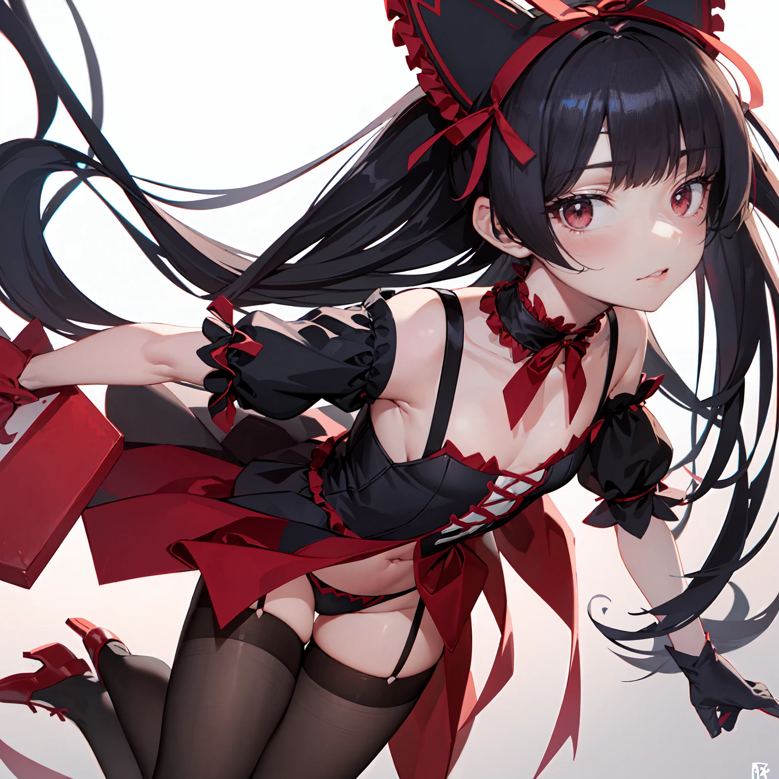 Rory Mercury, Rory Mercury, Black Hair, Blunt bangs, Hime cut, hair ornaments, Red lipstick, Long Hair, Cute face, compensate, (Small box:1.2), (Red eyes:1.5), break Gothic underwear, Perfect body (Small breasts:1.3), break in full growth, Red Shoes, break Black Stockings, Black Gloves break, Black thighs, Garter Straps, gloves, Gothic, Hair Ribbon, Gothicファッション, puffy Short sleeve, Puffy sleeves, Short sleeve, tights, tights, looks at the viewer, break (masterpiece:1.2), Highest quality, High resolution, unity 8k wallpaper, (Illustration:0.8), (Beautiful details in the eyes:1.6), Highly detailed face, Perfect lighting, Highly detailed CGI, (Perfect Arms, Perfect Anatomy), (white background:1.5), I have nothing in my hands, 1girl, whole body, Confused eyes