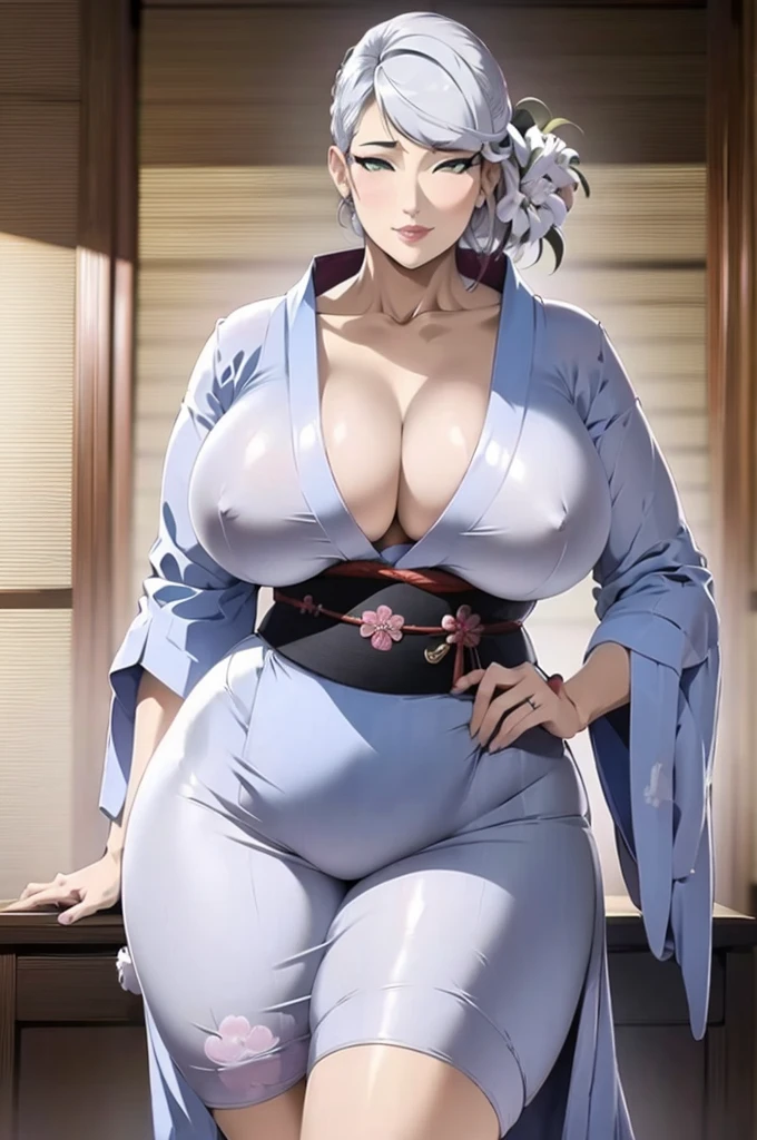 Araffe woman in white kimono poses for photo, White Hair Color, Wearing Kimono,Chic, rendered in sfm, hyperrealistic full figure, oppai proportions, oppai, Makoto, SFW version, standing pose, Standing infront of Japanese House, Waiting for you face expression, hyper real render, makoto shinka, [ 4 k photorealism ]!!, [ 8 k photorealism ]!!!, Voluptuous body, curvy body, Naughty anime style, plus size model, Scruffy body,Erotic cartoon style body, Married woman's big ass, black beauty mark on chin, Eros of a married woman, Married woman style, Married woman atmosphere, high quality, photo-realistic, cinematic lighting, warm color tones, masterpiece