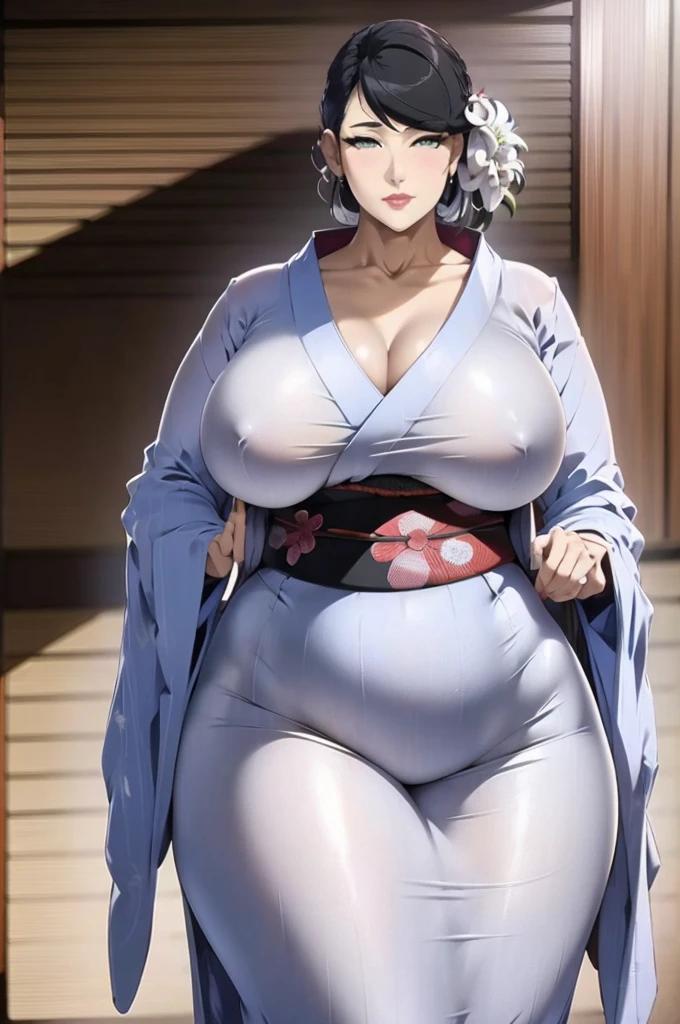 Araffe woman in white kimono poses for photo, White Hair Color, Wearing Kimono,Chic, rendered in sfm, hyperrealistic full figure, oppai proportions, oppai, Makoto, SFW version, standing pose, Standing infront of Japanese House, Waiting for you face expression, hyper real render, makoto shinka, [ 4 k photorealism ]!!, [ 8 k photorealism ]!!!, Voluptuous body, curvy body, Naughty anime style, plus size model, Scruffy body,Erotic cartoon style body, Married woman's big ass, black beauty mark on chin, Eros of a married woman, Married woman style, Married woman atmosphere, high quality, photo-realistic, cinematic lighting, warm color tones, masterpiece