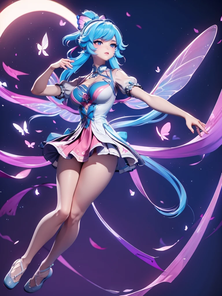 Seizo Watase style, Simple Line Initialism，Abstract art, 3d character, colorful hearts ,(((The most beautiful girl of all time))),  (full body 1.2), only girl, long hair, bufferfly and sky background, 20 year old, full body, (((8k))), (((3d)), blue and pink hair, Large butterfly wings on the back, moon, ballet dance