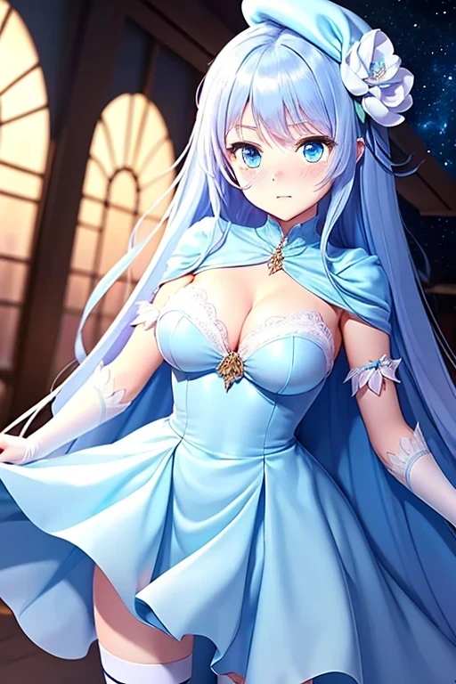 (((ultra detail game CG))), (((ultra detail background))), (((ultra detail high school girl))), (((ultra detail clothes))), (((best quality))), (((masterpiece))), (((ultra detail satin shading))), (()), (((blue magical girl))), (((light blue satin dress))), (((light blue satin pleated skirt))), ((blue long hair)), ((blue eyes)), (((white satin gloves))), ((white satin knee socks)), ((white satin beret)), ((white satin cape)), ((night sky)), D cup, ((fighting)), standing, ((ashamed)), ((((blushed))))