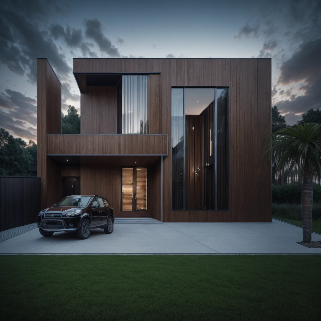 photorealistic,modern house,facade,modern house red brick facade,512k,high detailed,phot real, award winning, large glass window on the right side, wooden planks stacks on the upper floor on the left side, grass,plants,trees,evening,interior lights,